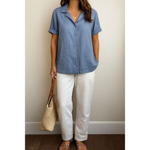 Eileen Fisher Woman 1X Light Blue 100% Linen Blouse Made in USA Relaxed Fit